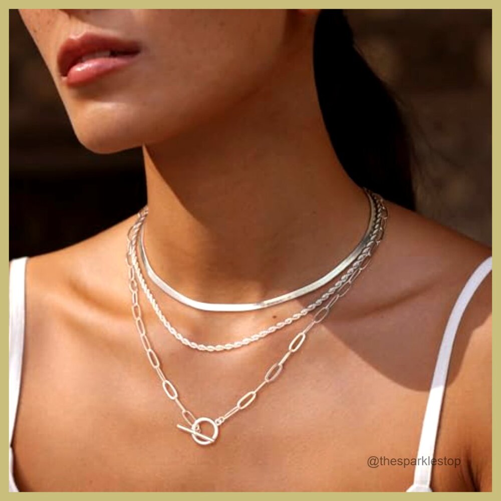 Sterling Silver Plated Chunky Layered Necklace Set Adjustable Toggle Clasp